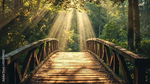 Sunlit wooden bridge pathway through enchanted forest, tranquil scene and mystic