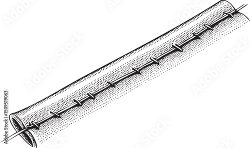 dark rolled-up tube is secured with a single sewing .