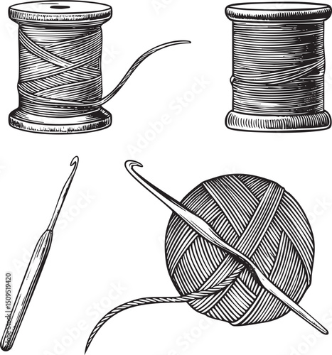 Two spools of thread and a crochet hook with a ball of yarn.