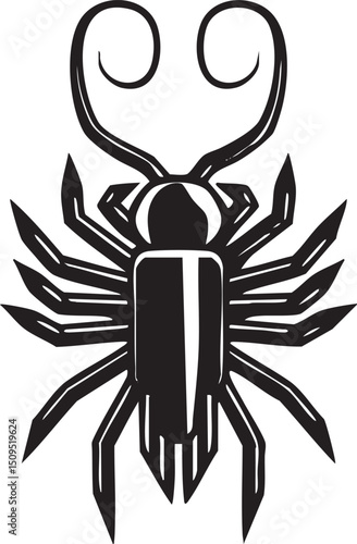 stylized black beetle appears against a white background.