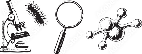 black and white depicts a microscope a bacterium and a molecular structure.