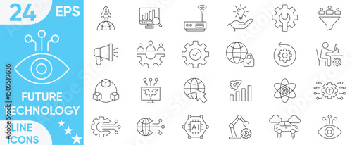 Future technology icons set.artificial intelligence, innovation, smart city, robotics, biotechnology,humanoid, hologram, digital world, high-tech and more.Vector and illustrator set.