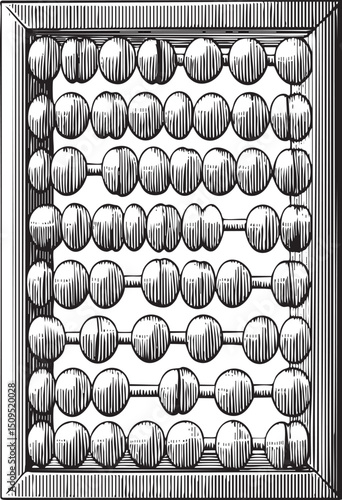 wooden abacus displays a series of rounded beads arranged in rows.