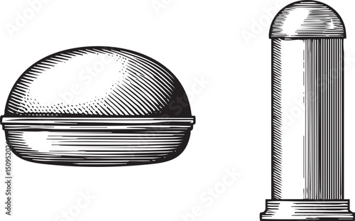 Two rounded objects a sphere and a cylinder are depicted in black and white.