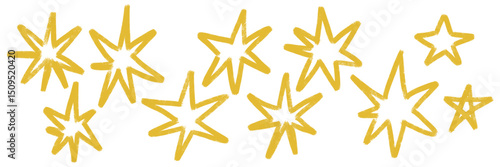 Stars set. Chalk texture kids freehand drawing line shine twinkle. Crayon hand drawn brush stroke scribble spark. Pastel pencil childish school doodle collection. Sketch vector illustration isolated