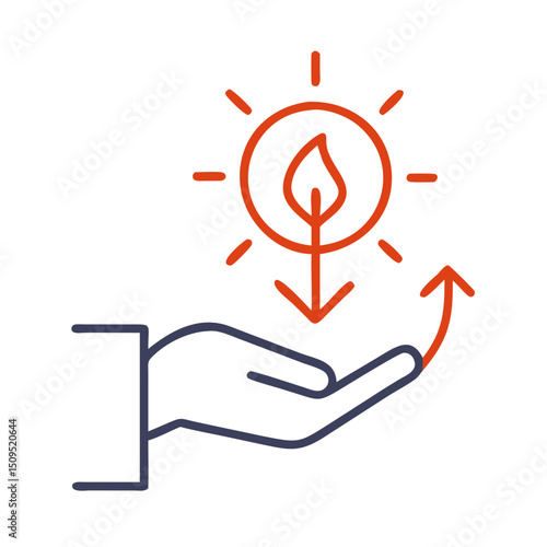 Hand holding plant symbol with sun rays and upward arrow illustration  