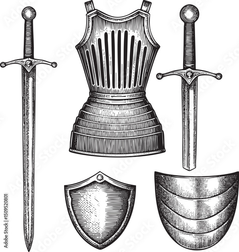 Two antique swords and a medieval chest armor rest on a white background.