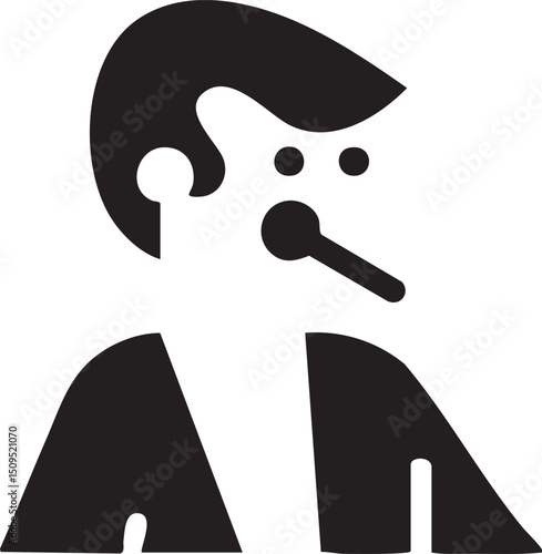 stylized black-and-white abstract figure with a contemplative expression.