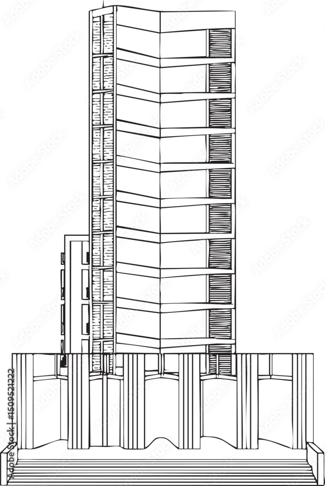 black and white drawing depicts a tall rectangular skyscraper with numerous windows. black and white drawing depicts a tall rectangular skyscraper with numerous windows.