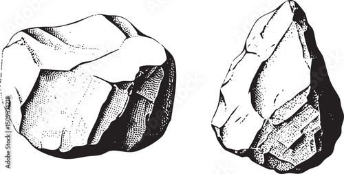Two stark black and white stone fragments rest on a plain surface.