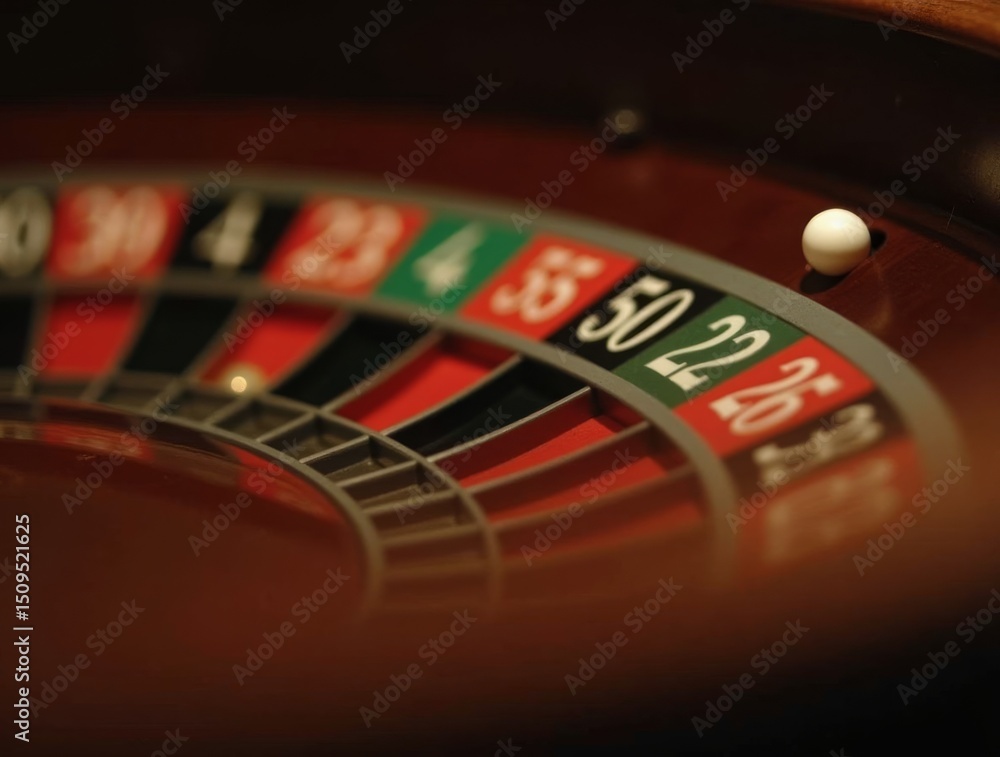 Obraz premium Roulette wheel spinning, close-up of the ball bouncing between numbers