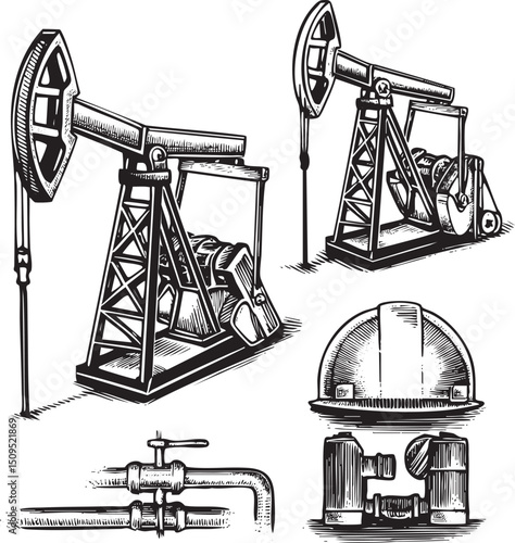 Two vintage oil pumps stand on a white background showcasing industrial machinery.