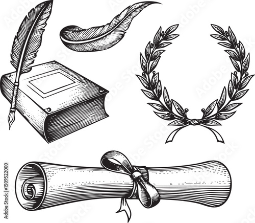 detailed showcases a book quill feather and laurel wreath.