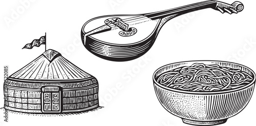 traditional stringed instrument rests beside a bowl of noodles and a yurt.