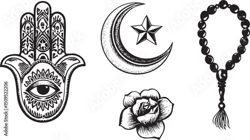 black and white features a hamsa hand moon with star rose and rosary beads.