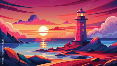 Vibrant sunset seascape with lighthouse coastal scene