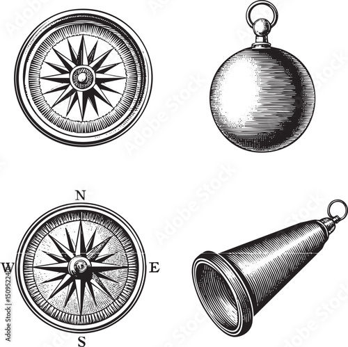 Vintage navigational instruments are displayed in a detailed black and white engraving.