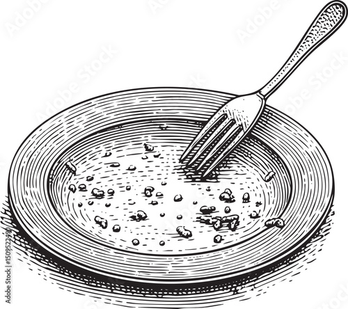 fork rests on a partially filled plate with remnants of food.