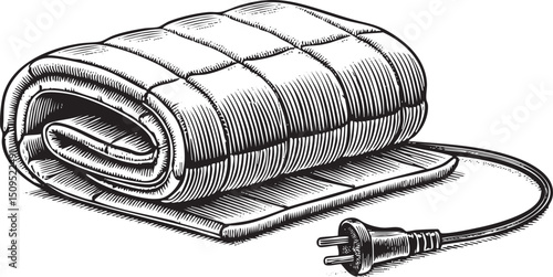 rolled-up heating pad rests on a surface connected to an electrical plug.