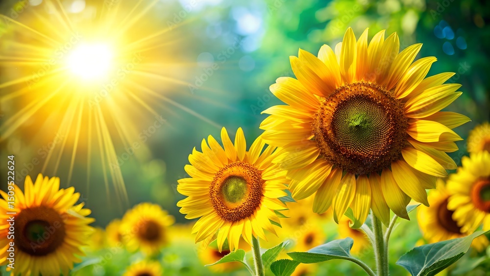 Obraz premium Bright sunflowers on the left against a vibrant green, sun-drenched background with lens flare.