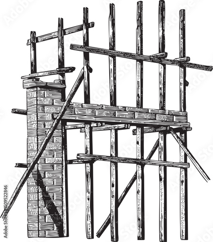 weathered wooden scaffolding structure rises against a cloudy sky.
