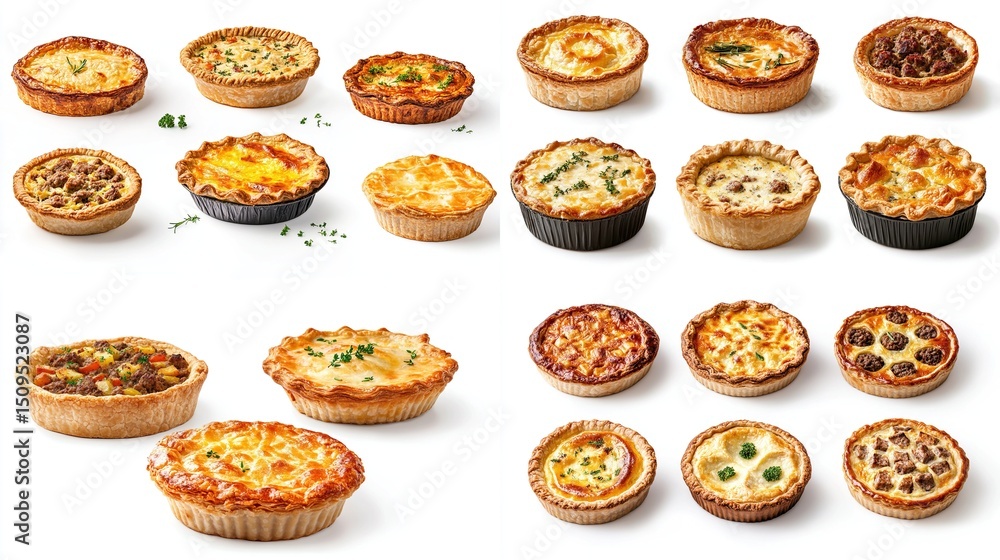 An assortment of twenty mini quiches, showcasing diverse fillings and crusts, presented on a white background with sprigs of fresh herbs for garnish An assortment of twenty mini quiches, showcasing diverse fillings and crusts, presented on a white background with sprigs of fresh herbs for garnish