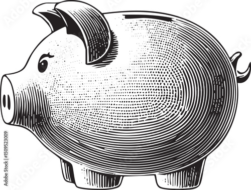 stylized black and white depicts a plump piggy bank.