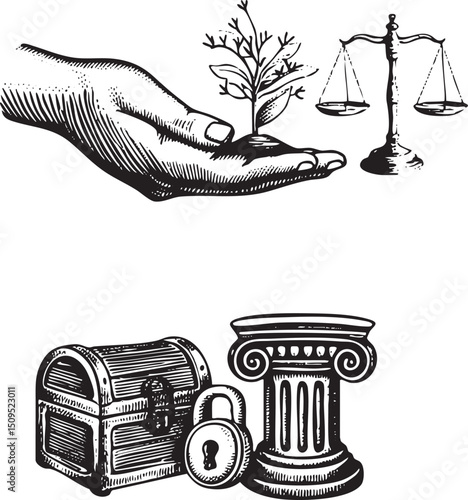 hand nurtures a seedling near scales of justice accompanied by a chest.