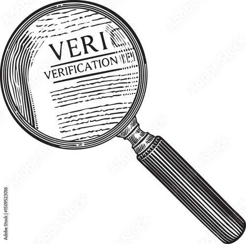 black magnifying glass examines a document displaying the word 'VERIFICATION'.