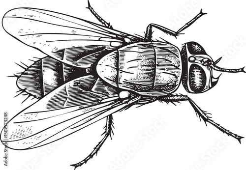 black fly hovers against a stark white background.