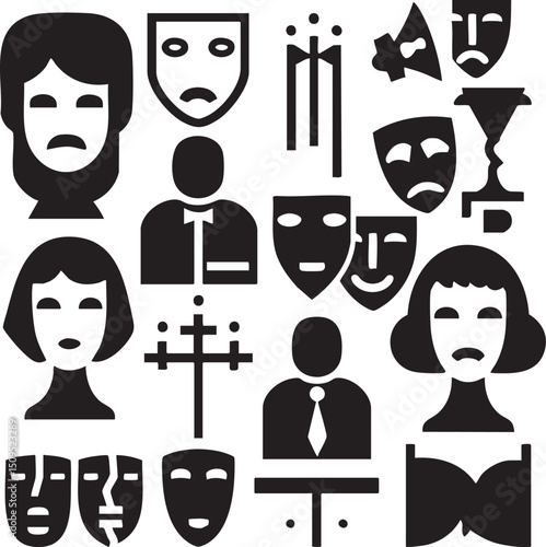 collection of diverse individuals wearing theatrical masks in various expressions.