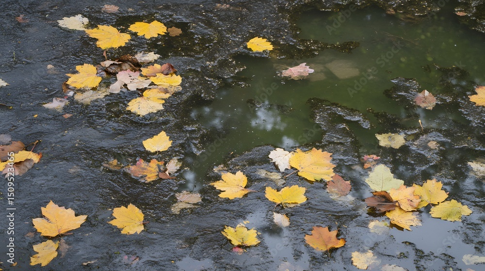 Autumn Leaves Floating on Puddle Dark Water Autumn Leaves Floating on Puddle Dark Water