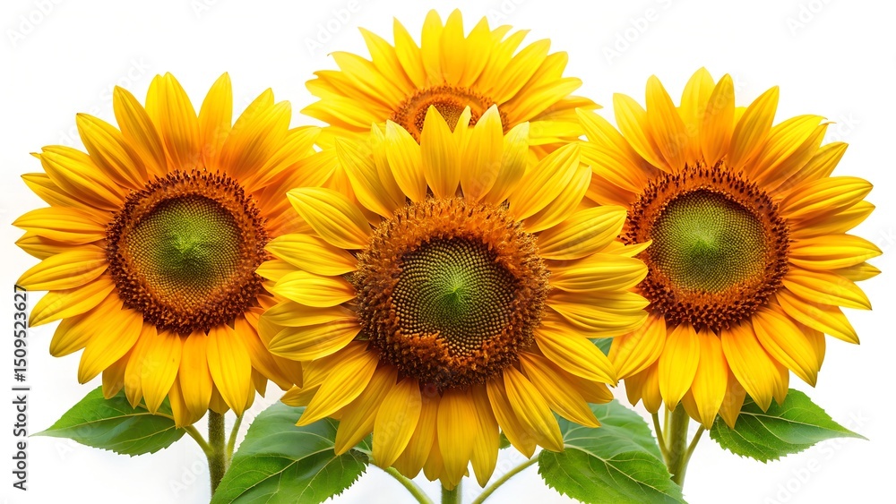 Obraz premium Three vibrant sunflowers with green leaves arranged on a pure white background.