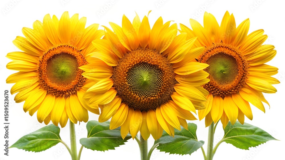 Fototapeta premium Three vibrant sunflowers with green leaves arranged on a pure white background.