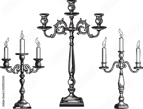 Three ornate candlesticks stand on a dark table each holding a lit candle.