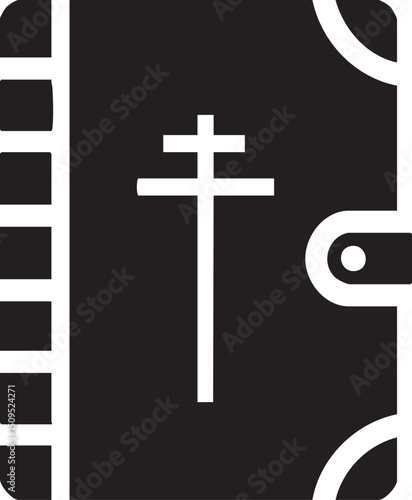 stylized black and white depicts a book with a cross on its cover.
