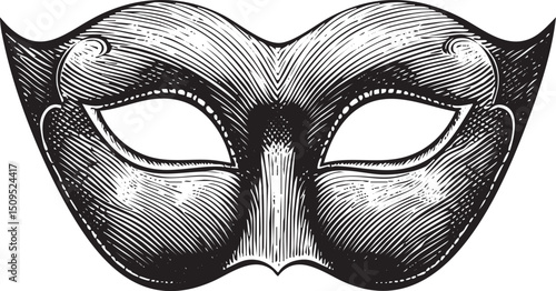 detailed black and white masquerade mask dominates the frame.