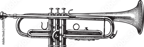 detailed black and white of a brass musical instrument.