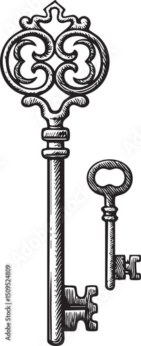 Three antique keys rest on a dark surface showcasing intricate details.