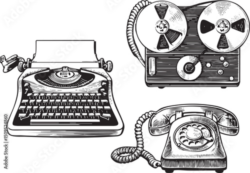 vintage typewriter a reel-to-reel tape recorder and a rotary telephone are arranged on a white background.