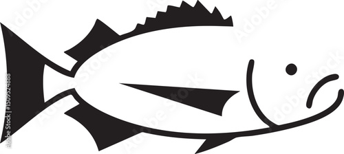 stylized black fish with a prominent dorsal fin is depicted against a white background.