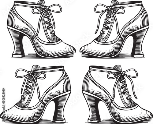 Four intricately detailed black and white high-heeled shoes are presented in a symmetrical arrangement.