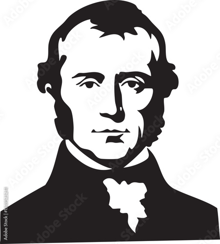 distinguished man with a serious expression stares directly at the viewer.