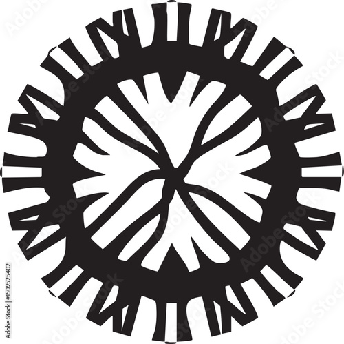 circular featuring stylized letterforms arranged in a radial .