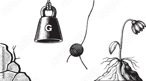 hanging weight with a ‘G’ symbol balances a delicate flower and a small sphere.