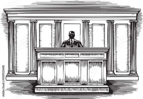 solitary figure sits behind a large wooden desk in a courtroom setting.