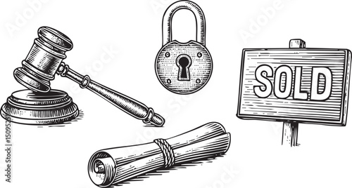 gavel rests beside a padlock and ‘sold’ sign.