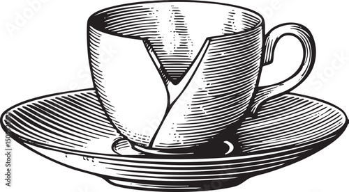 broken white cup rests upon a dark ceramic saucer.