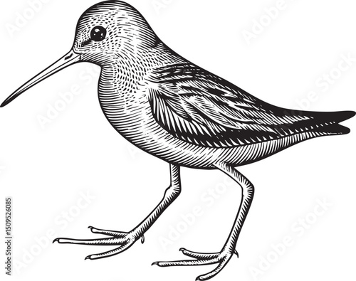 stylized black and white of a wading bird stands upright.