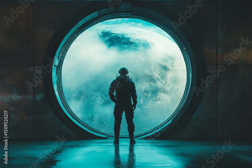 Fototapeta Naklejka Na Ścianę i Meble -  Silhouette of a spaceship captain standing before a massive viewing window